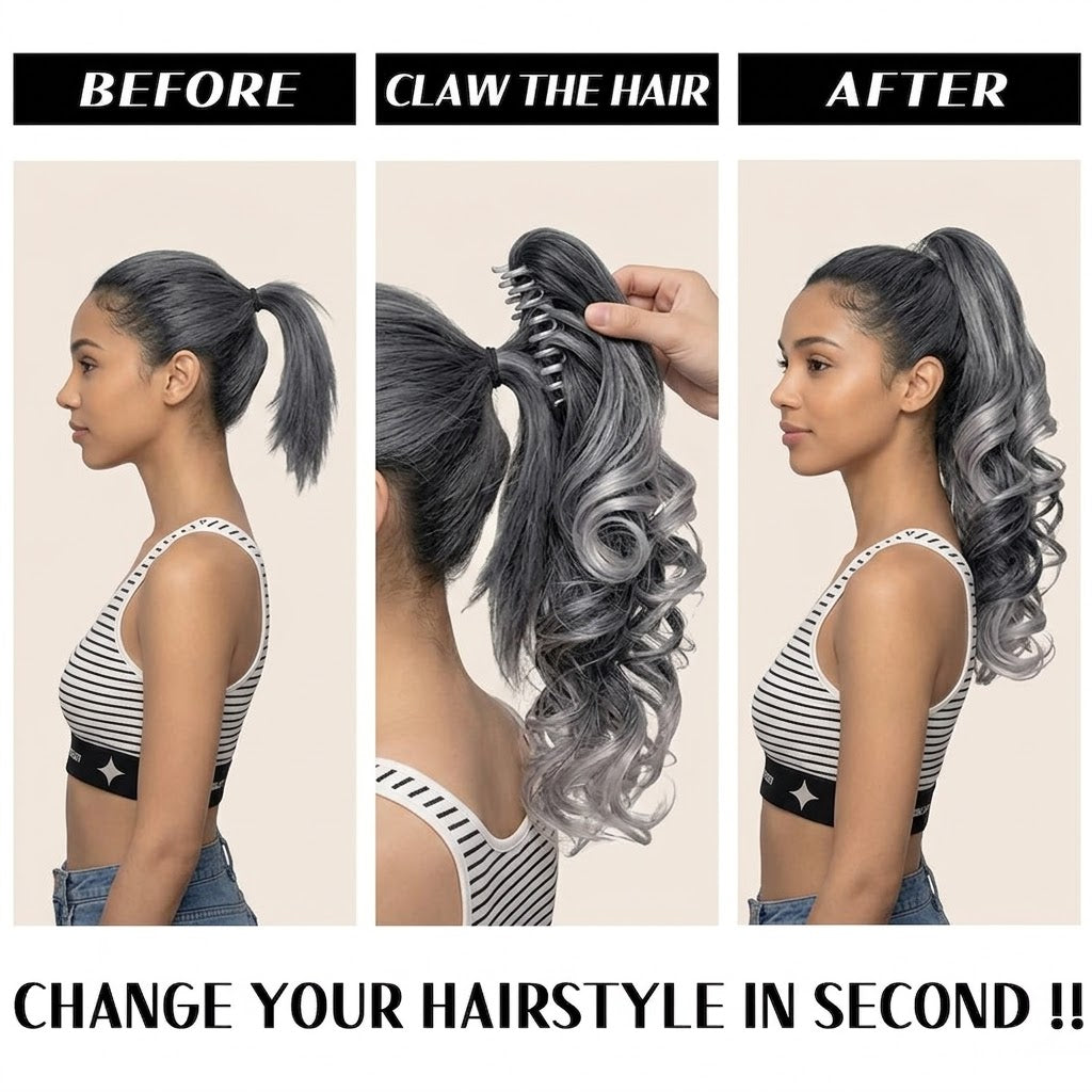 Ponytail Extension 14" Grey Ombre Long Body Wave Hairpiece for Women | Zebaish Wigs And Extensions