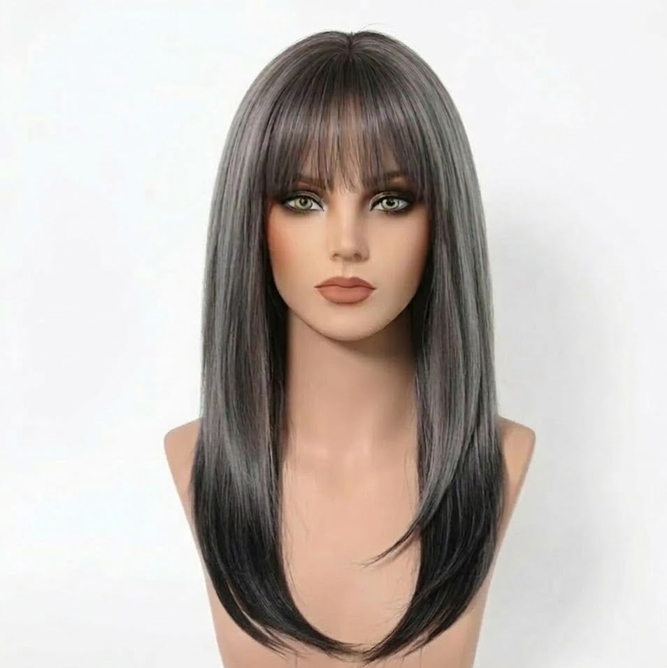 Ombre Charcoal Silver Wig, 18-Inch Heat-Resistant Synthetic, Face-Framing Bangs | Zebaish Wigs & Extensions