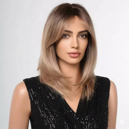Ombre Brown Layered Synthetic Wig, Medium Length Straight Hair with Bangs (16 Inches) | Zebaish Wigs & Extensions
