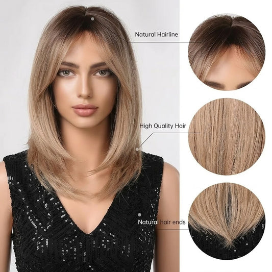 Ombre Brown Layered Synthetic Wig, Medium Length Straight Hair with Bangs (16 Inches) | Zebaish Wigs & Extensions